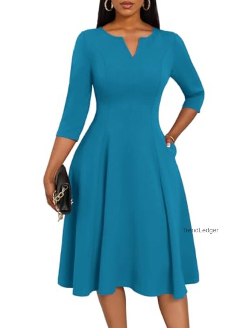 Nmoder A-Line Midi Dress with Pockets 3/4 Sleeve V-Neck Women's Fit and Flare